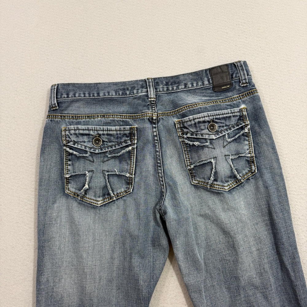 Vintage Helix Bootcut Jeans 36x30 Blue Relaxed Cross Flap Pocket Embroidered y2k